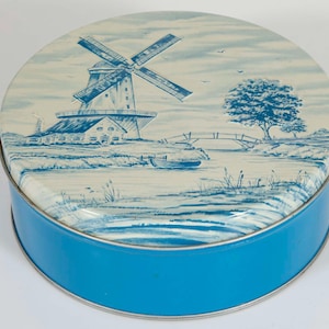 Vintage Pretty Embossed Blue and White Round Metal Tin - Dutch Scene with Windmill
