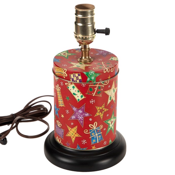 Vintage Colorful Stars on Red Metal Tin Up-cycled Lamp Base - One-of-a-Kind Hand Crafted Accent Light