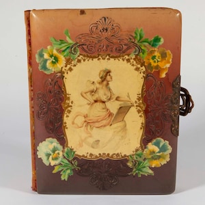 Antique Celluloid Victorian Photo Album - Calliope, Goddess of Poetry Celluloid Cover and Velvet Back