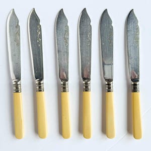 Vintage Set of 6 Dinner Knives - Bakelite/Celluloid Handles - Embossed Silver Plate Blade - Stamped EPNS