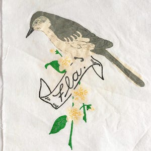 送料無料：フロリダ州の鳥と花が描かれたヴィンテージ フロリダ州キルトブロック - モッキンバードとオレンジ