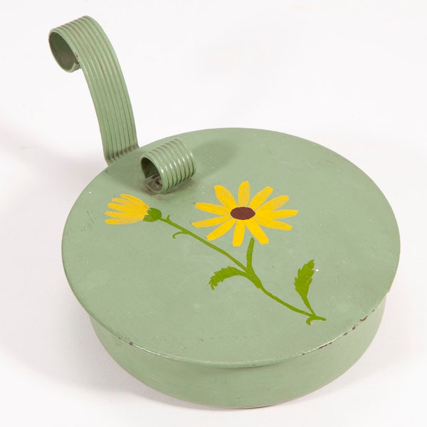 Vintage Tole - Silent Butler - Hand Painted Yellow Flowers on Celadon Green Metal Flip Top Crumb Catcher - Americana Retro Decor - Toleware