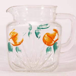 Vintage Glass Pitcher with Hand Painted Oranges - Retro Kitchen Decor - Federal Glass Pitcher