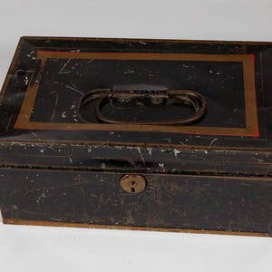 Vintage Black Cashbox with Gold & Red Striped Lid - Metal Bank Box - Document Storage