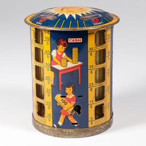 Vintage Children&#39;s Litho Metal Coin Bank - Colorful Savings Tower - Rotation Sorter Made in USA
