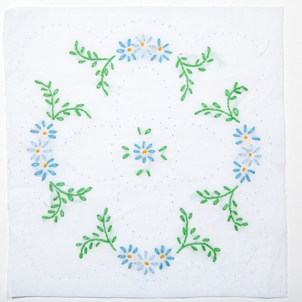 FREE SHIPPING: Vintage Embroidered Blue Green Floral Quilt Square - Lovely Cotton Hand Stitched Quilt Block