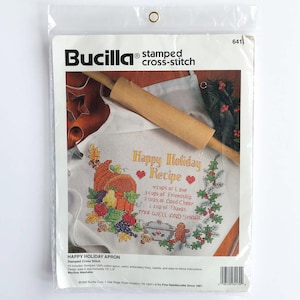 Vintage Bucilla gestempelt Schürze Kreuzstichpackung: 1994 &quot;Frohes Feiertags-Rezept&quot;
