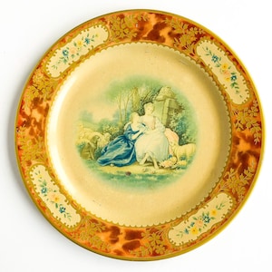 Bandeja de metal vintage para arte - Dos mujeres leyendo "La carta de amor" - Baret Ware, hecha en Inglaterra