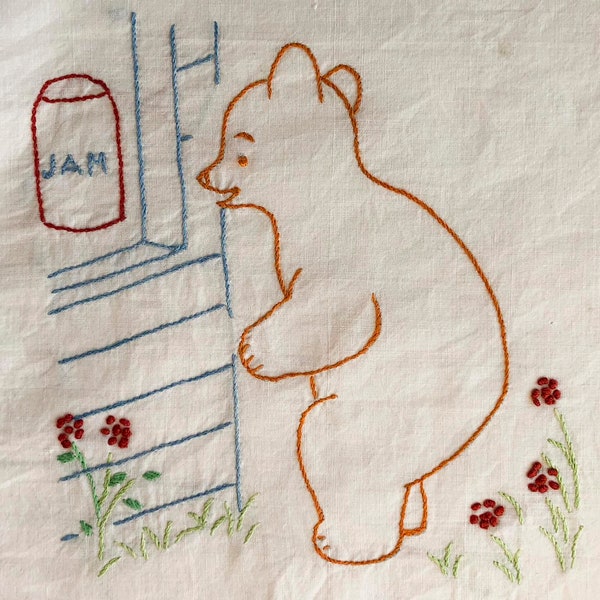 FREE SHIPPING: Vintage Bear Eyeing a Jar of Jam Quilt Block - Adorable Embroidered Children's Fabric Quilt Square