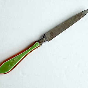 Vintage Art Deco Metal Nail File with Green and Amber Bakelite Handle