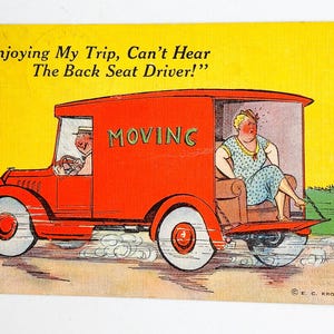 LIVRAISON GRATUITE : véritable carte postale vintage humoristique en lin - « J'entends le conducteur de la banquette arrière ! - Carte à message de 1947
