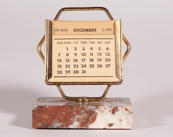 Calendario da scrivania perpetuo in stile Art Déco vintage - Cornice in metallo su base in marmo - Completo