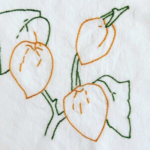 May include: A white fabric piece featuring an embroidered design of three orange, teardrop-shaped fruit pods attached to green stems and leaves. The embroidery uses simple outline stitching to define the shapes of the fruit and foliage.