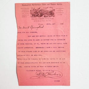 Carta de solicitud antigua mecanografiada de 1885 de Northwestern Claim and Pension, Chicago, Illinois.