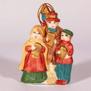 Vintage Porcelain Christmas Ornament - Carolers Singing - Bisque China Xmas Painted Figurine