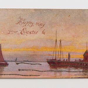 SPEDIZIONE GRATUITA: Autentica rara cartolina di Pasqua glitterata d'epoca del 1903 - "Felice, che la tua Pasqua sia" Cartolina di Pasqua con navi