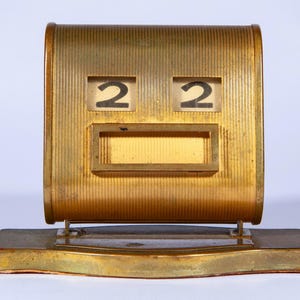 Vintage Unusual Art Deco Ribbed Golden Metal Perpetual Desk Calendar - Midcentury Revolving Manual Rolling Calendar