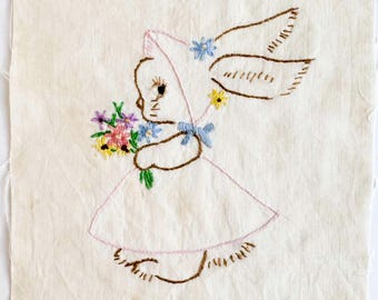 Vintage Hand Embroidered Rabbit Fabric Square: Bonnet & Dress (6&quot; x 6&quot;)