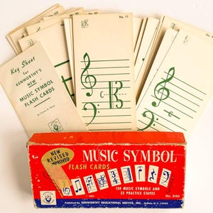 Vintage doos met flitskaarten met muzieksymbool - 1963 Kenworthy Educational Service, Buffalo, NY