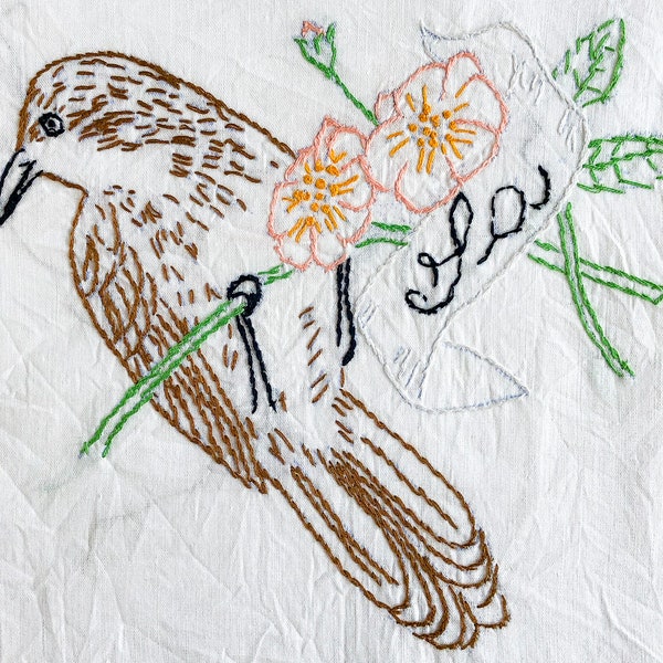 FREE SHIPPING: Vintage Georgia State Bird, Thrasher, and Flower, Rose, Quilt Block - Hand Stitched Embroidered Fabric to Frame Craft