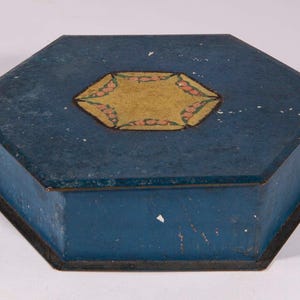 Vintage Unusual Hexagonal Metal Tin - Six Sided Blue Painted Box with Hinged Lid