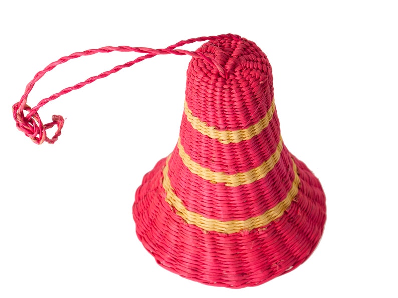 Vintage Christmas Ornament Handcrafted Colorful Woven Rattan Bell with Original Hanger Holiday Decor