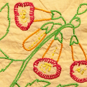 FREE SHIPPING: Vintage Embroidered Floral Quilt Block - Trumpet Vine Cotton Quilt Piece - Ruby McKim Pattern Hand Stitched Fabric Block