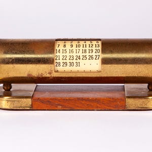Unusual Vintage Perpetual Desk Calendar - Wood and Metal Movable Cylinder