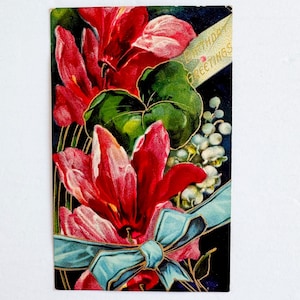 FREE SHIPPING: Actual Antique Vintage Beautiful Embossed Birthday Greeting Postcard - &quot;Birthday Greetings&quot; with Red Flowers