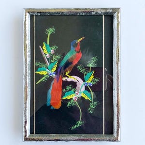 Vintage Featherwork Bird Print: Silver Frame, Easel Back