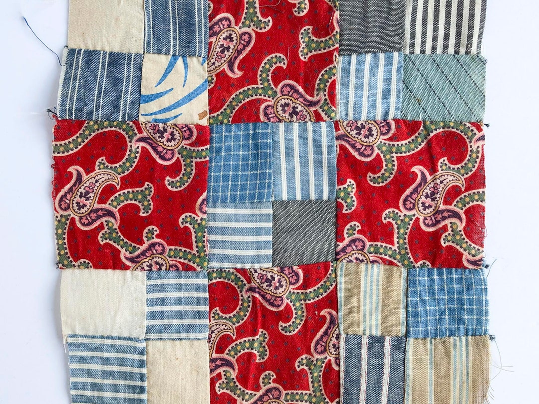 Red Patch Pattern Vintage Quilt Block - Double Four Patch Pattern in Red, Blue and Cream ...