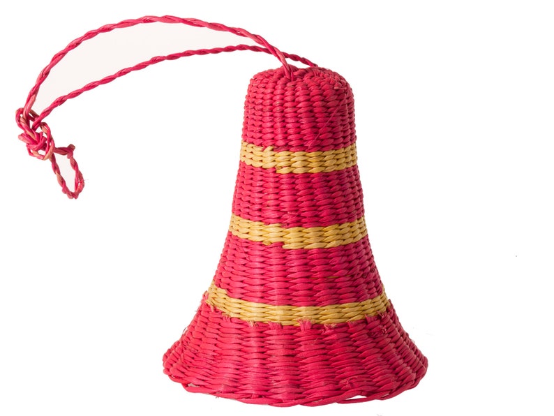 Vintage Christmas Ornament Handcrafted Colorful Woven Rattan Bell with Original Hanger Holiday Decor