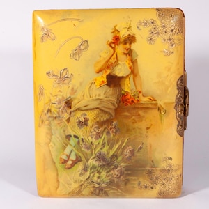 Antique Vintage Victorian Photo Album - Celluloid Floral Embossed Cover Surrounding Enchanting Woman