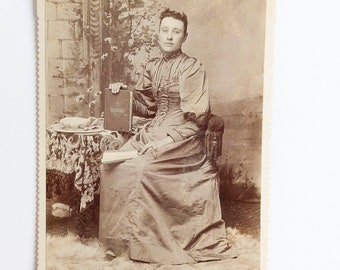 FREE SHIPPING: Antique Vintage Cabinet Photo - Photograph of Seated Young Woman Holding Book and Fan