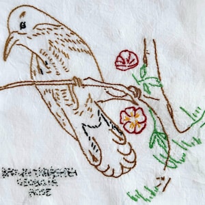 GRATIS VERZENDING: Vintage handgestikt quiltblok - Georgia - Brown Thrasher Bird and Rose Flower
