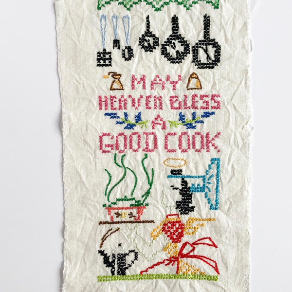 FREE SHIPPING: Vintage Hand Stitched Cross Stitch Sampler - "May Heaven Bless a Good Cook" - Kitchen Wall Decor