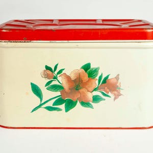 Scatola per il pane in metallo vintage – Coperchio rosso, grafica floreale, National Can Corp.