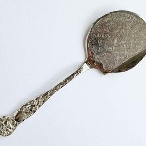 May include: A silver-toned metal cake server featuring an ornate, engraved floral pattern across the wide, rounded blade and a detailed, textured handle with sculpted relief designs. The utensil has a polished, reflective finish throughout.