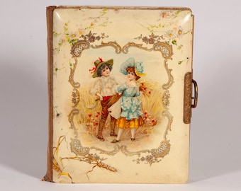 Vintage Antique Victorian Celluloid Photo Album - Charming Boy and Girl in Wheat Field Front - Celluloid Back - 14 Pages