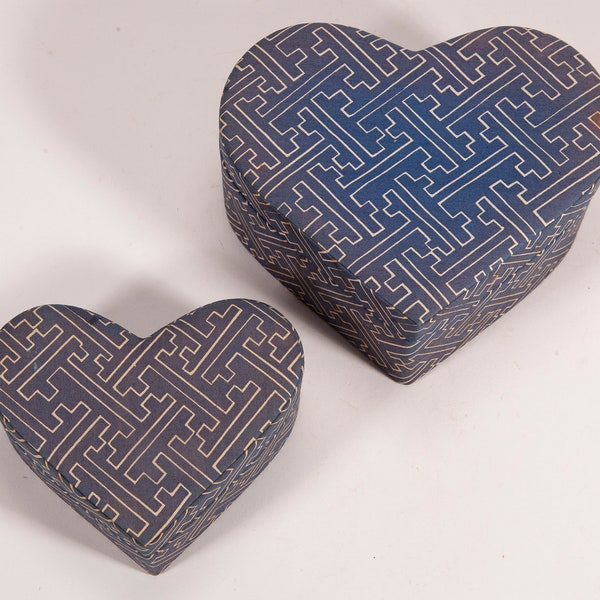 Vintage Heart Shaped Fabric Covered Nesting Boxes - Set of Two Hearts with Removable Lids