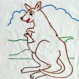FREE SHIPPING: Vintage Happy Kangaroo Embroidered Quilt Block - Baby in Pouch