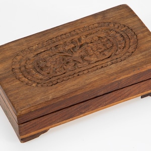 Vintage Carved Wood Box - Hinged Lid - Footed Container - Trinket/Jewelry Box