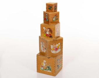 Vintage Stacking Nursery Wood Blocks - Set of 5 Dovetailed Cubes