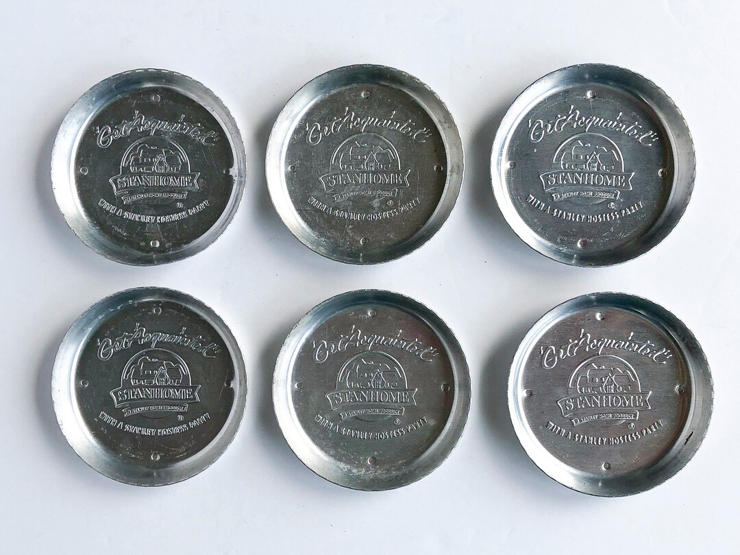 Vintage Set of 6 Small Embossed Metal Coasters Midcentury Retro Aluminum Decor get Acquainted