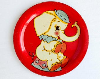 Vintage Circus Elephant Tin Lithograph Small Plate - Child's Little Metal Tray/Coaster