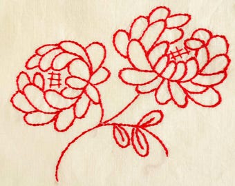 Vintage Embroidered Red Flowers Quilt Block: Hand-Stitched Cotton Square