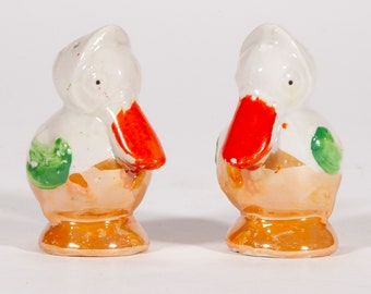 Vintage Pair Lusterware Ceramic Ducks Salt and Pepper Shakers - Kitsch Midcentury Decor