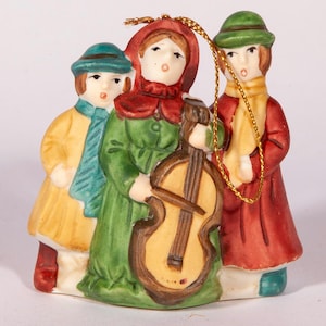 Vintage Porcelain Christmas Ornament - Trio of Musicians Singing Carols - Bisque China Xmas Painted Figurine