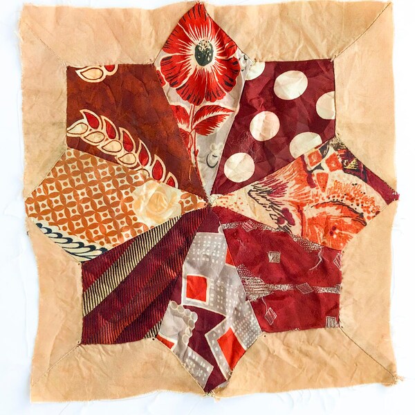 FREE SHIPPING: Vintage Silk Quilt Block - Multicolor Octagonal Star Shaped Patchwork Pieces on Blush