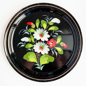 Vintage Small Tole Tray - Colorful Flowers on Black Background Round Metal Serving Tray